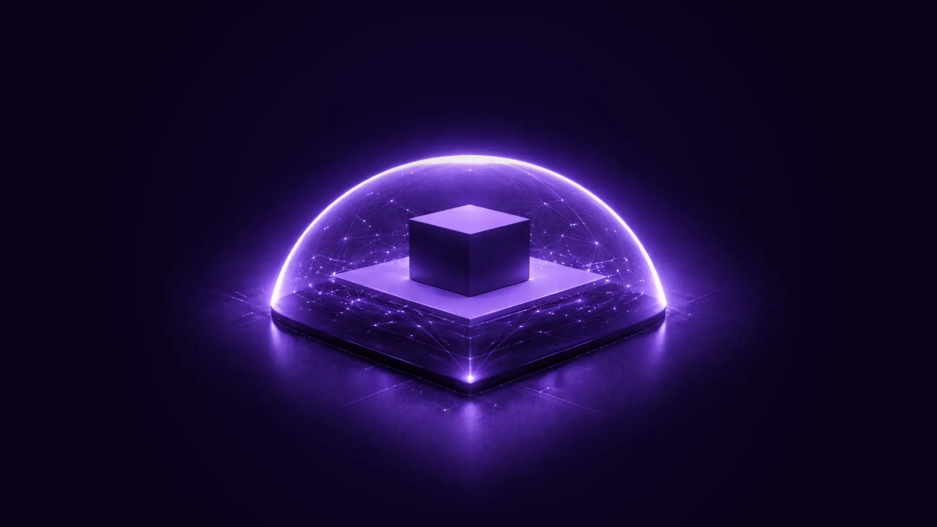 Glowing purple cube inside a transparent dome with interconnected light points on a dark background.