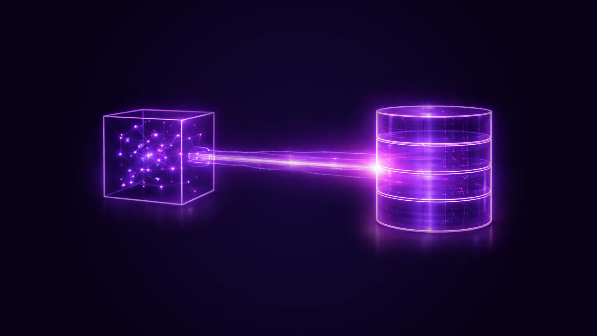 Glowing purple digital connection between a cube with network nodes and a cylindrical database.