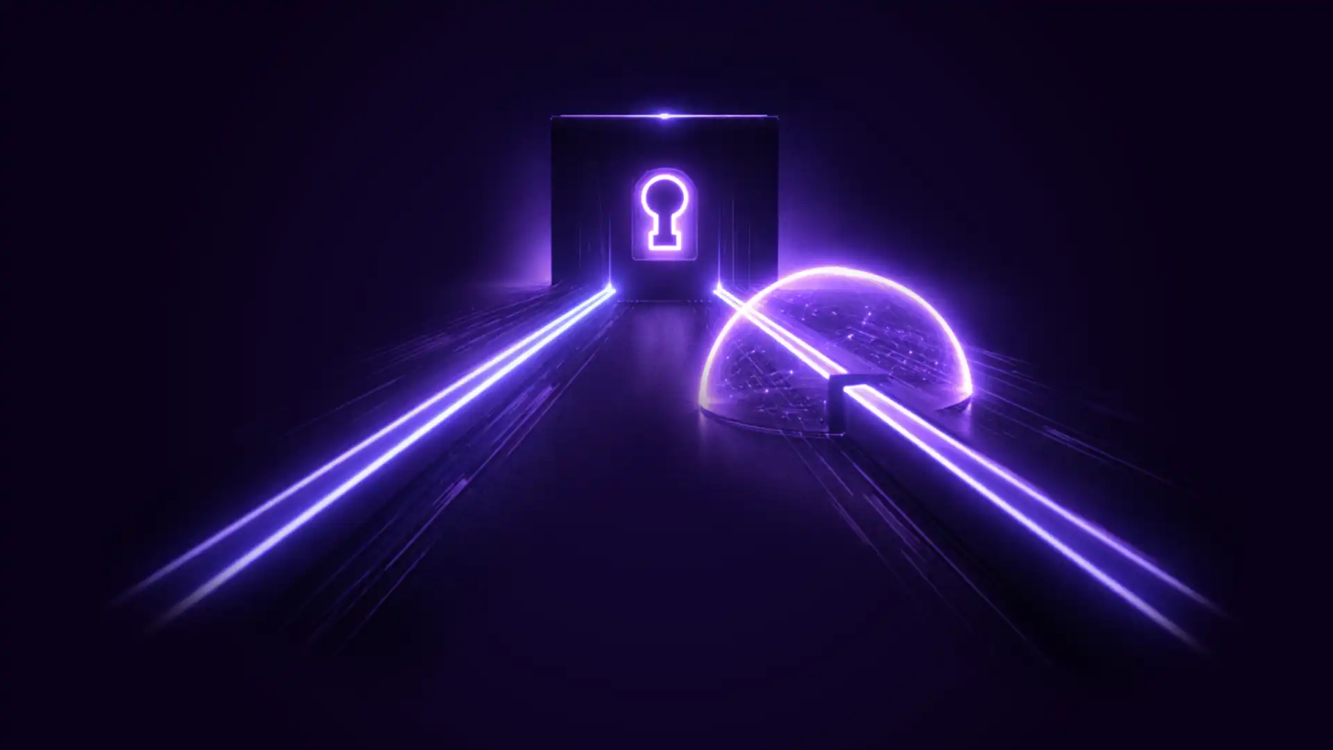 Glowing purple laser beams converging toward a keyhole-shaped door with a protective dome on one side.