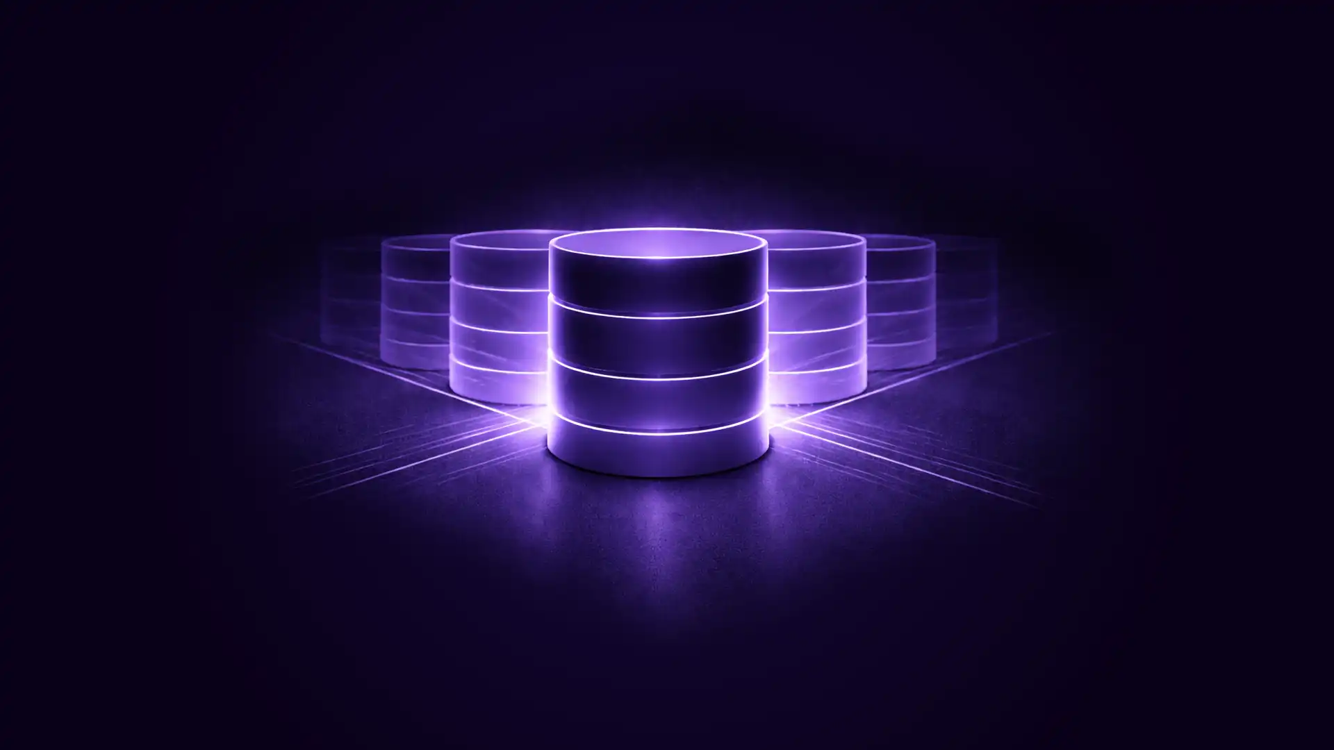 Glowing purple translucent stacked cylindrical database icons with light reflections on a dark surface.