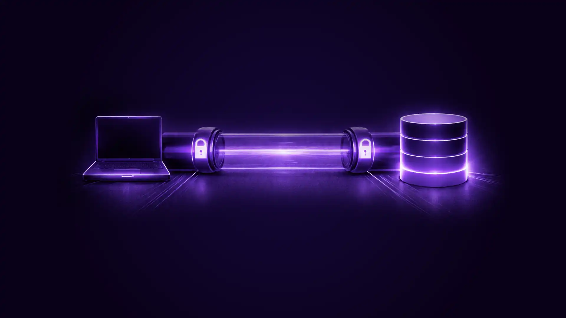 Glowing purple illustration of a laptop connected to a cylindrical database with locks symbolizing secure data transmission.
