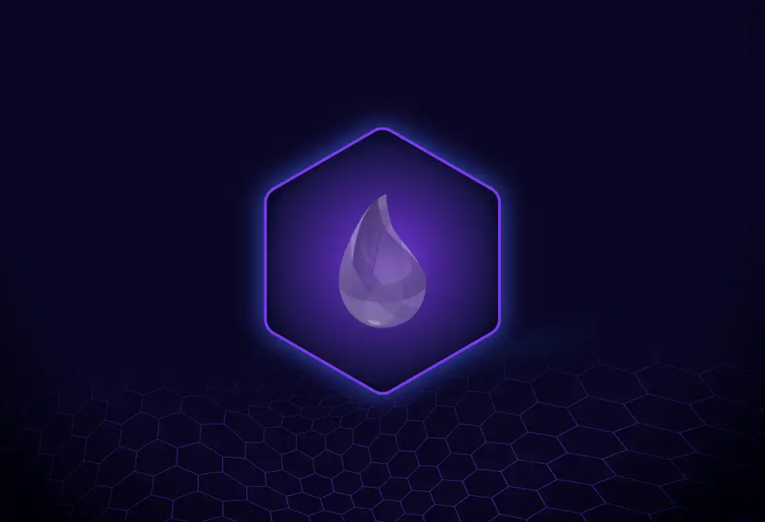 Purple gradient hexagon with a glowing purple droplet icon in the center on a dark blue background with a faint hexagonal pattern.