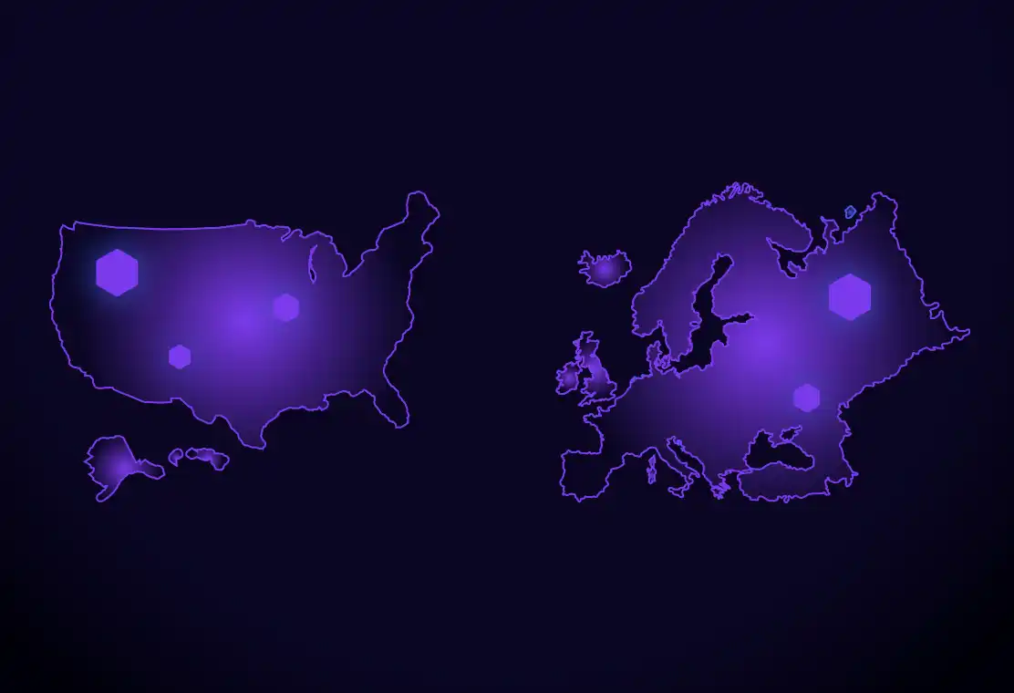 Glowing purple outlines of the United States and Europe with hexagonal markers highlighting specific areas.