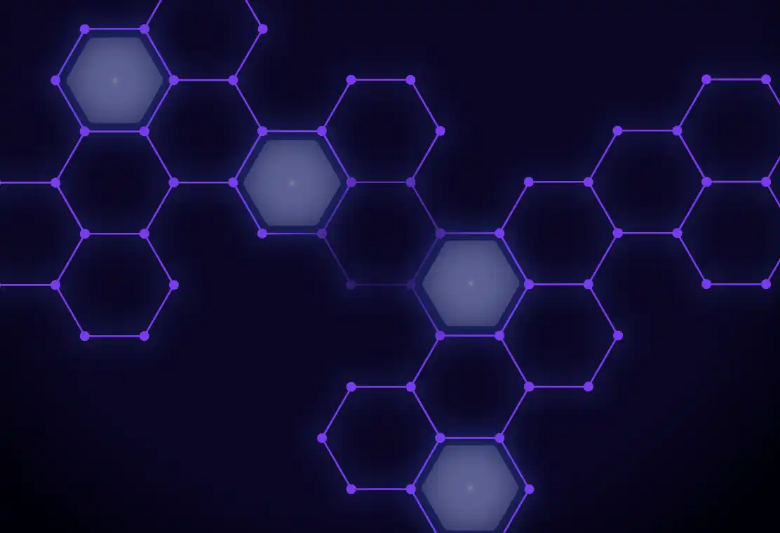 Abstract blue and purple hexagonal molecular structure on dark background.