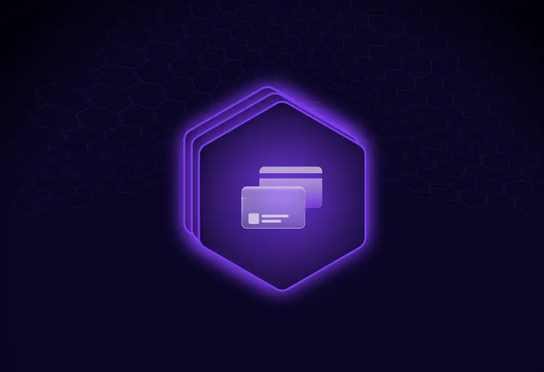 Two overlapping credit cards icon glowing inside a purple neon hexagon on a dark hexagonal patterned background.