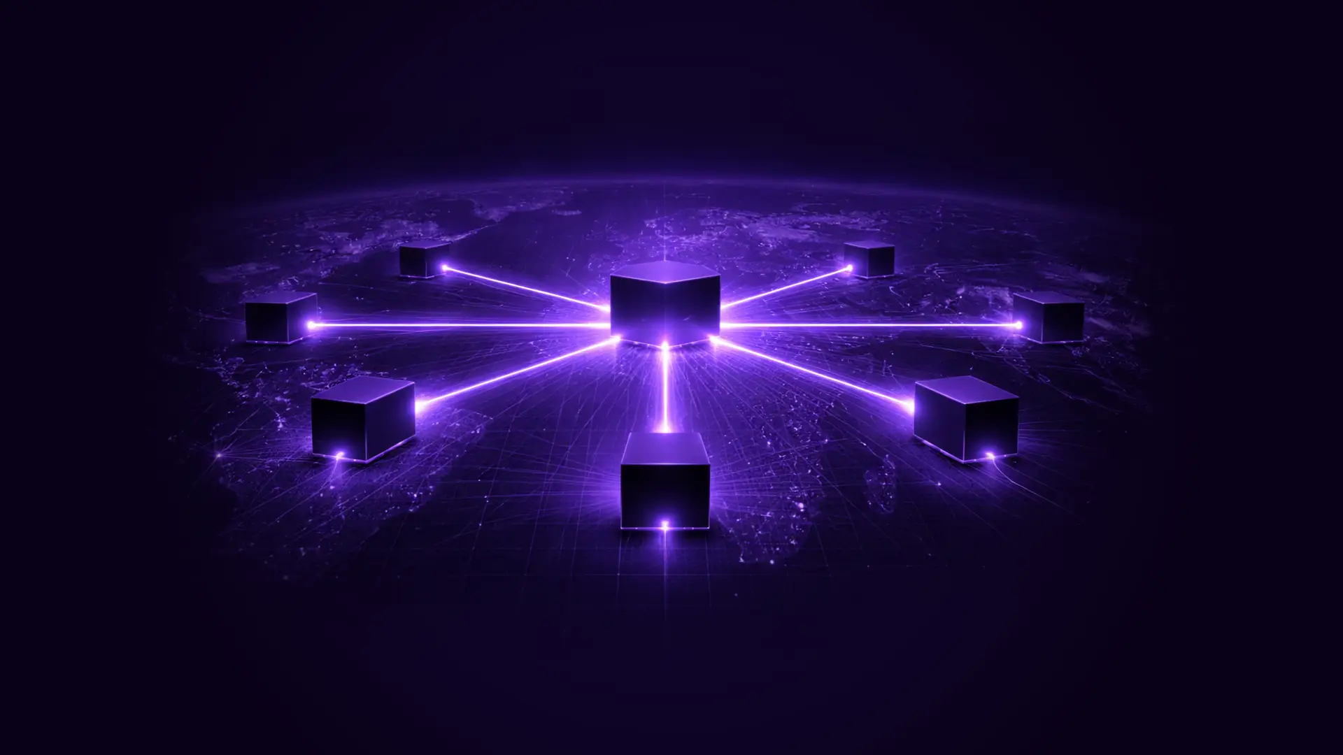 Central glowing cube connected by purple light beams to eight surrounding cubes over a dark map background.