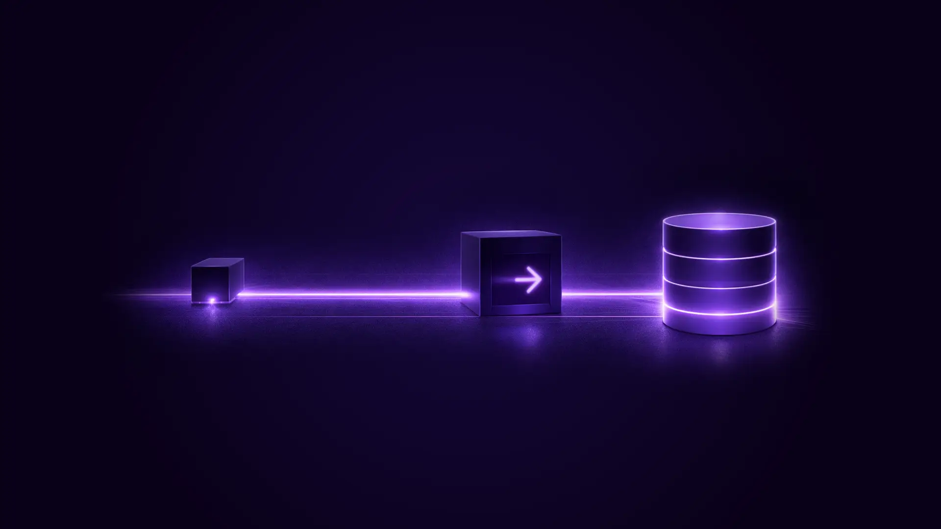 A glowing purple line connects three geometric shapes: a small cube, a middle cube with an arrow, and a cylindrical stack, symbolizing data flow.