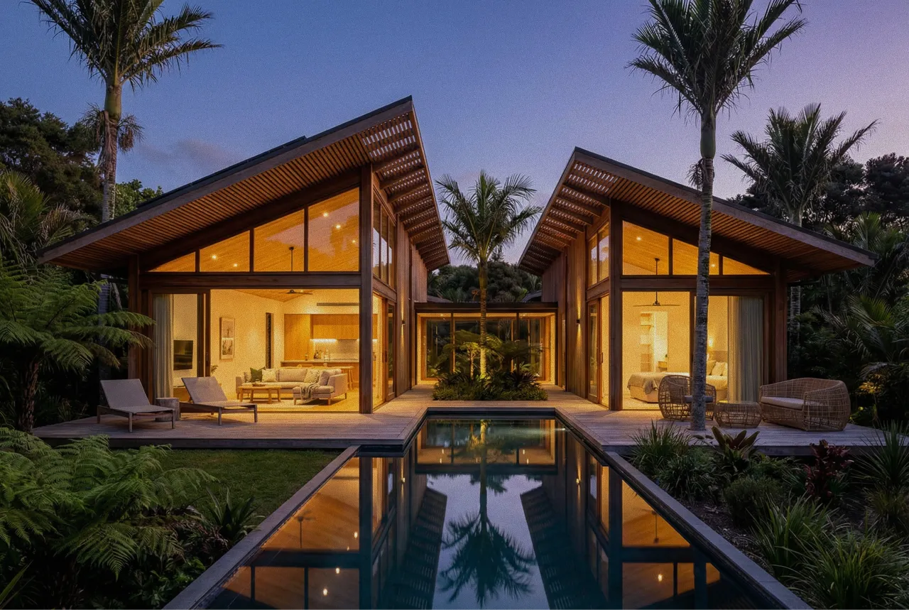 Modern tropical house with large glass windows, an illuminated interior, and a central swimming pool reflecting palm trees at dusk Proof El Salvador.