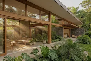 Modern house patio with large glass windows, wooden beams, and lush green tropical plants Proof El Salvador.