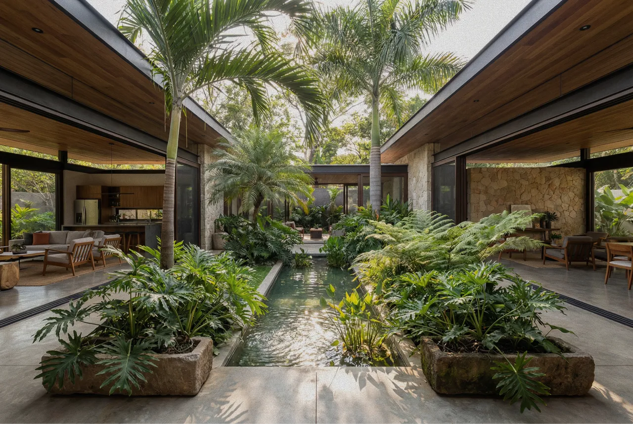 Modern courtyard with lush green plants around a narrow water feature flanked by open living spaces with wooden ceilings Proof El Salvador.
