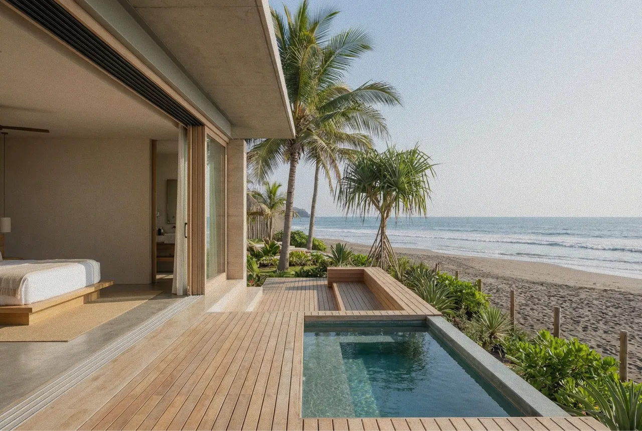 Modern beachfront bedroom with sliding glass doors opening to a wooden deck, small pool, palm trees, and sandy beach ocean view Proof El Salvador.