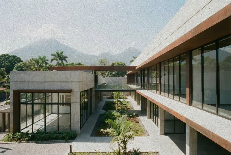 Bright café interior with wooden tables and chairs, large black-framed windows, indoor plants, and exposed wooden ceiling beams Proof El Salvador.