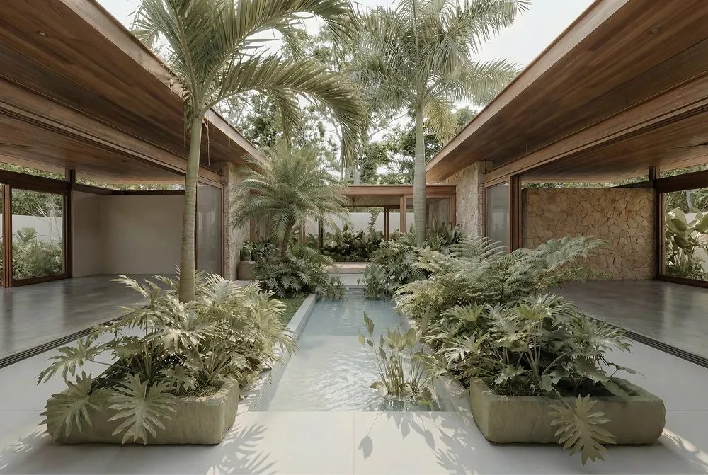 Modern courtyard with lush green plants around a narrow water feature flanked by open living spaces with wooden ceilings Proof El Salvador.