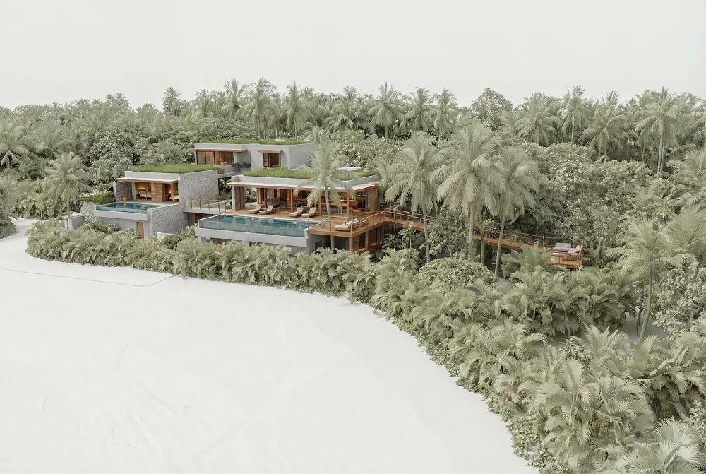 Modern beachfront resort with multiple villas, private pools, thatched palapas, and lush palm trees at sunset Proof El Salvador.