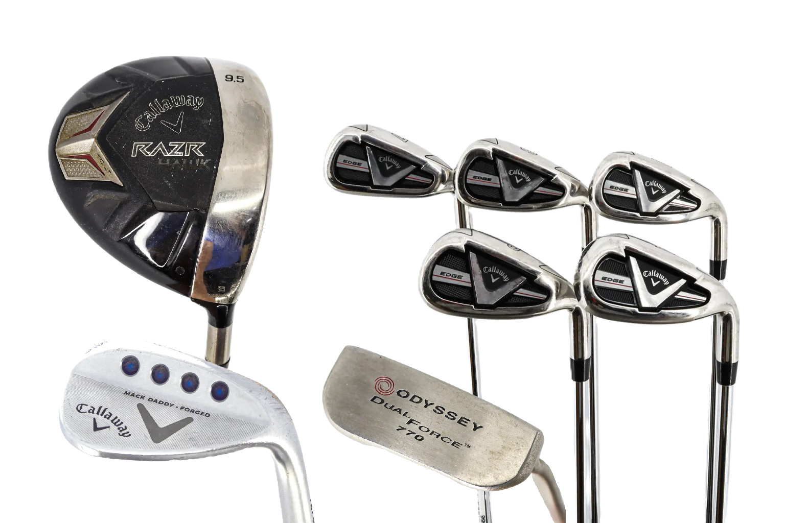 Set of golf clubs including a Callaway RAZR driver, four Callaway Edge irons, a Callaway Mack Daddy Forged wedge, and an Odyssey Dual Force 770 putter.