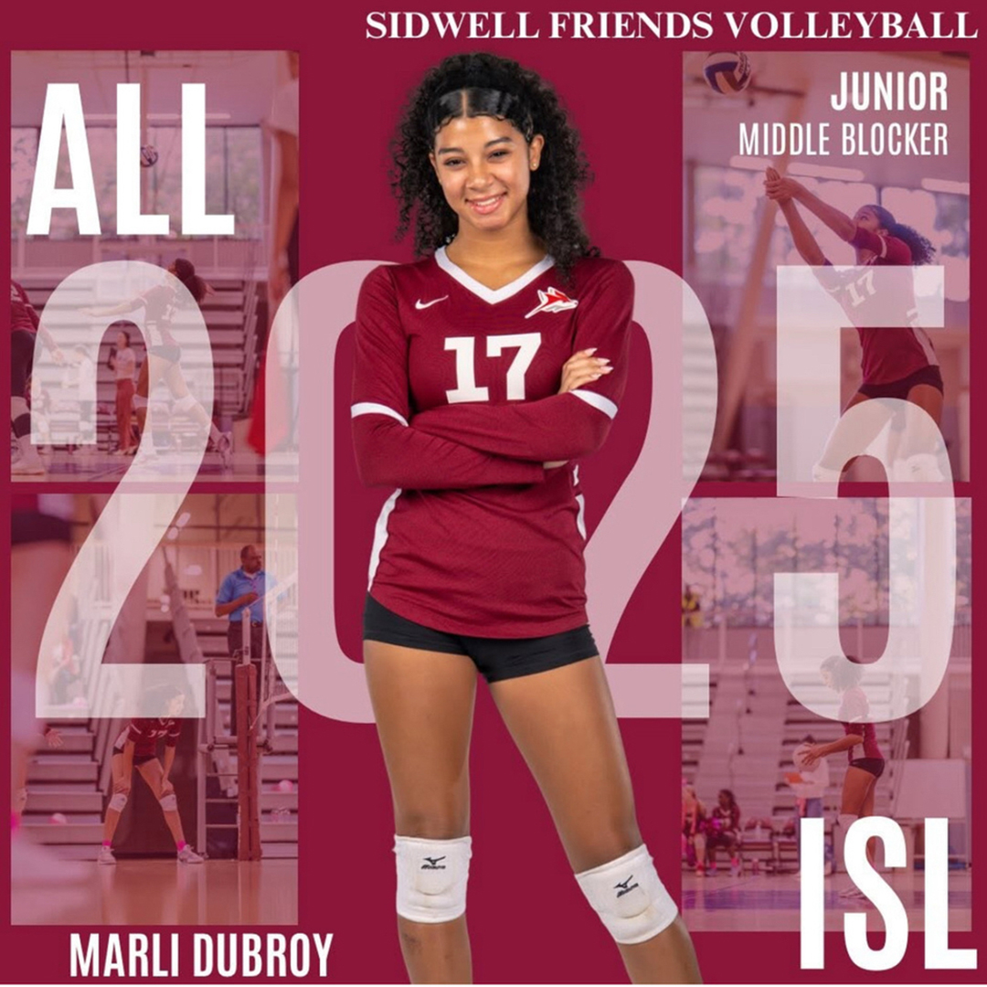 Marli Dubroy, Junior middle blocker for Sidwell Friends Volleyball, posing in maroon uniform number 17 on a maroon background with action volleyball photos.