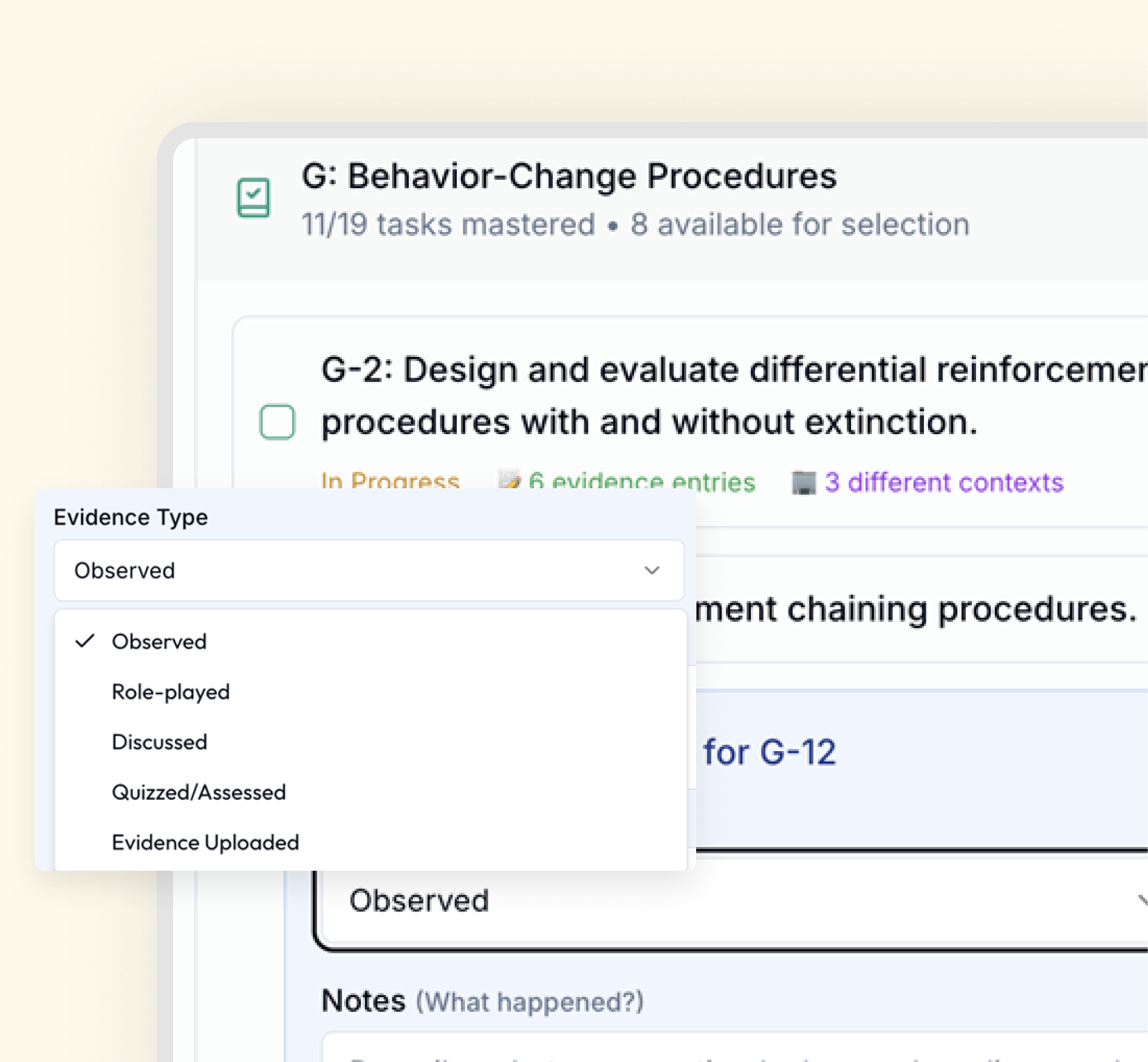 Dropdown menu labeled 'Evidence Type' with options including Observed, Role-played, Discussed, Quizzed/Assessed, and Evidence Uploaded, overlaying a task list for 'Behavior-Change Procedures' showing task progress.