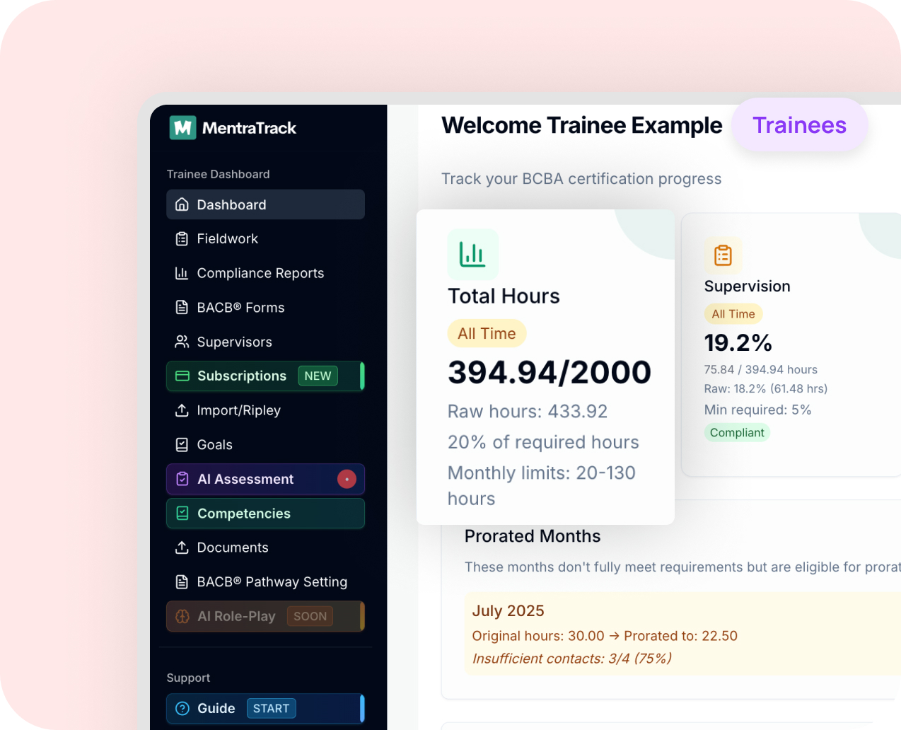 MentraTrack trainee dashboard showing certification progress with total hours, supervision percentage, and prorated months details.