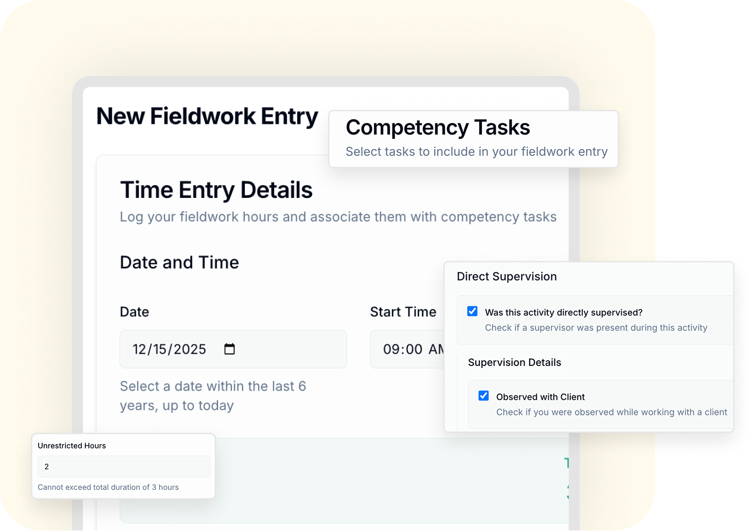 User interface for new fieldwork entry showing time entry details with date 12/15/2025, start time 09:00 AM, competency tasks, direct supervision options, and unrestricted hours input.