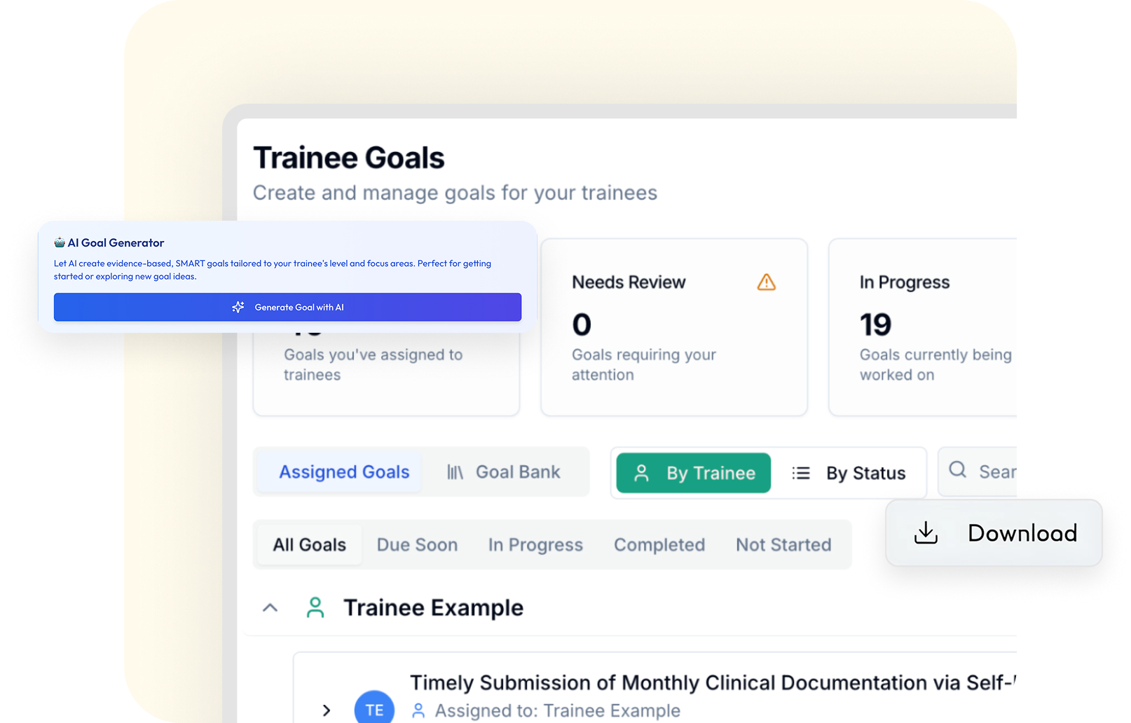 Dashboard interface showing Trainee Goals with sections for Needs Review, In Progress, and options to Generate Goal with AI, filter goals, and a list including a Trainee Example with assigned goals.
