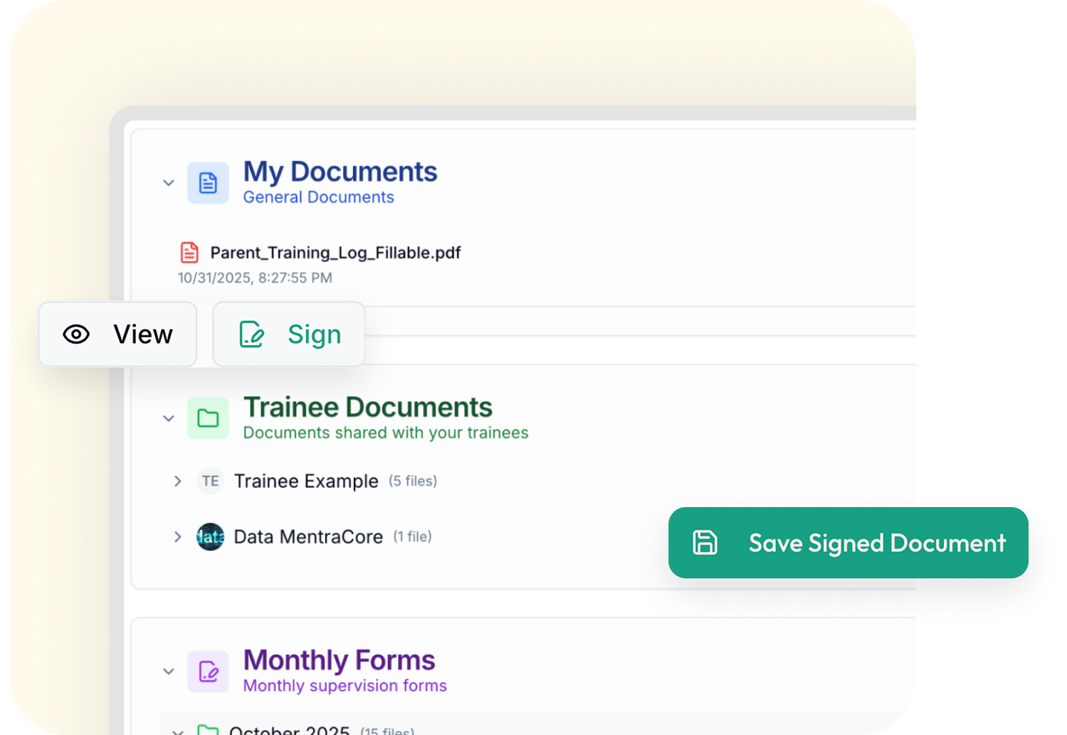 Screenshot of a document management interface showing sections: My Documents with a PDF file Parent_Training_Log_Fillable.pdf, Trainee Documents folder with two shared folders, and Monthly Forms section with forms for October 2025, including buttons for View, Sign, and Save Signed Document.