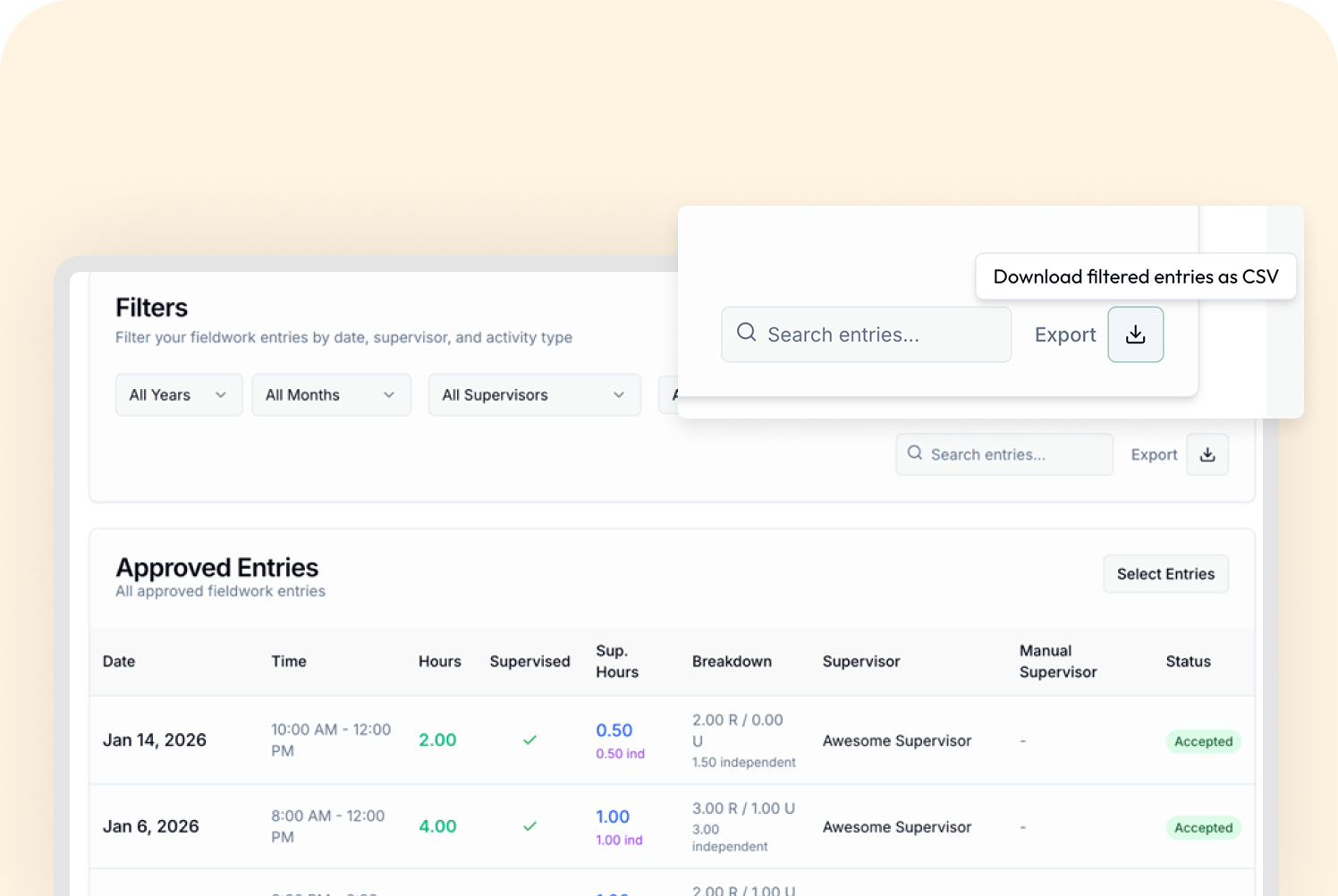 Screen showing filters for fieldwork entries by year, month, and supervisor, a search bar with export and download button, and a table listing approved entries with date, time, hours, supervision details, breakdown, supervisor name, and status accepted.