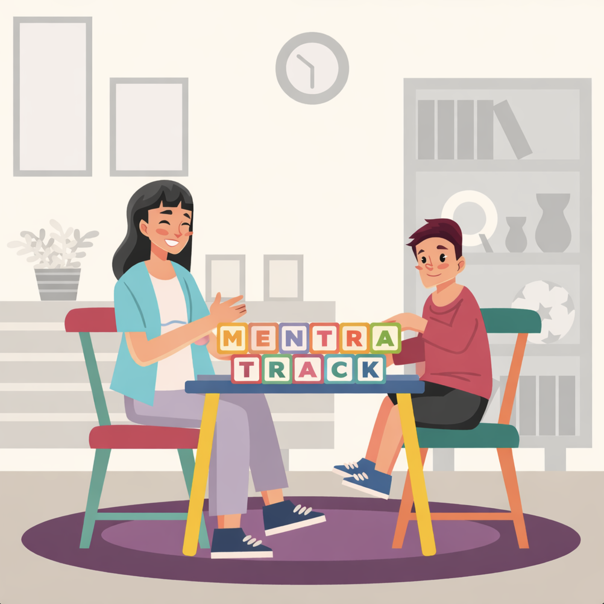 Woman and boy sitting at a table playing with colorful blocks spelling 'MENTRA TRACK' in a cozy room.