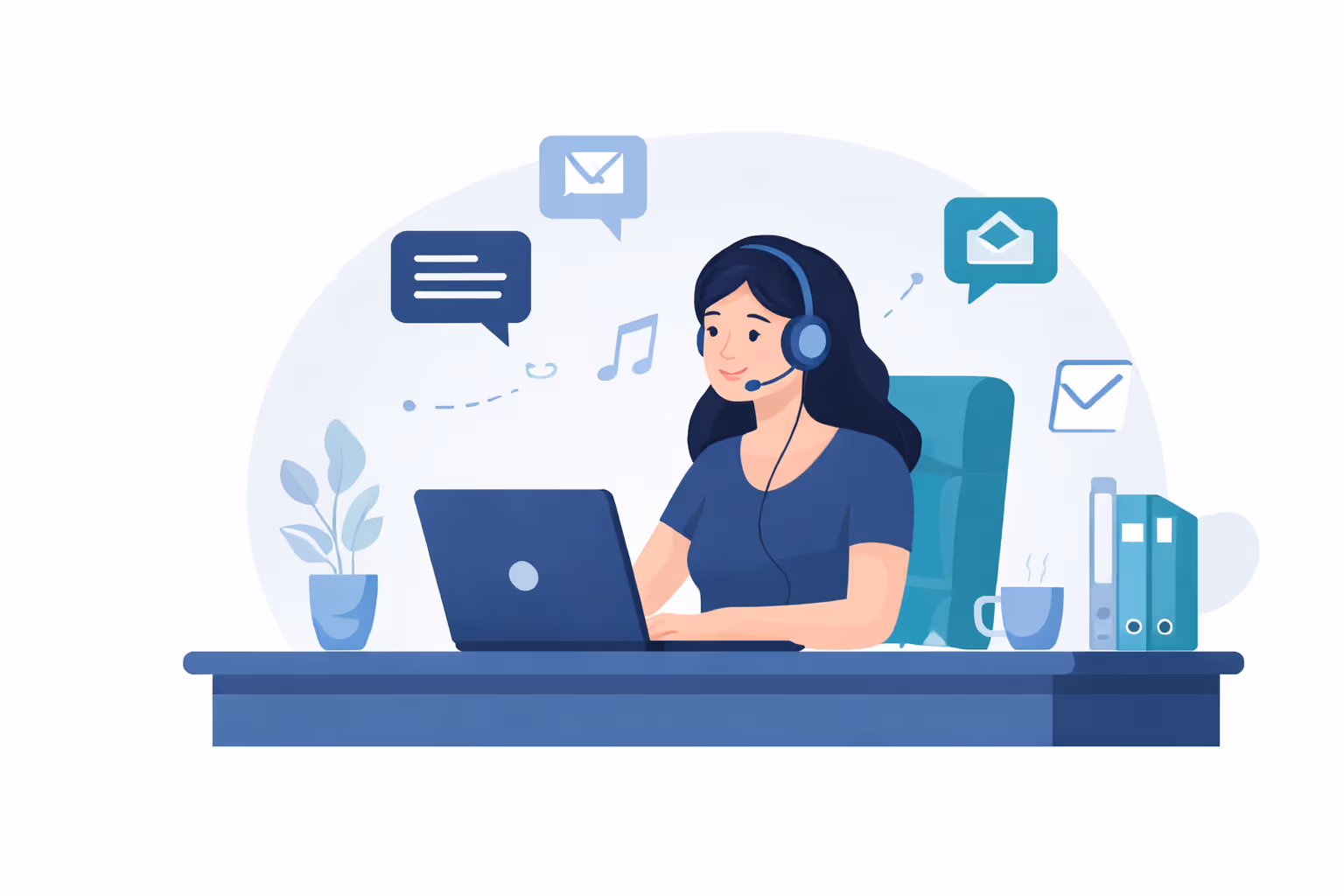 Woman wearing headset working on laptop at desk with speech bubbles showing messages and emails.