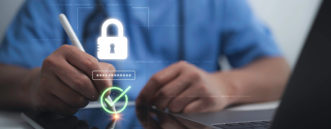 Person writing with a stylus near a laptop, overlaid with digital security icons including a padlock, password field, and green check mark.