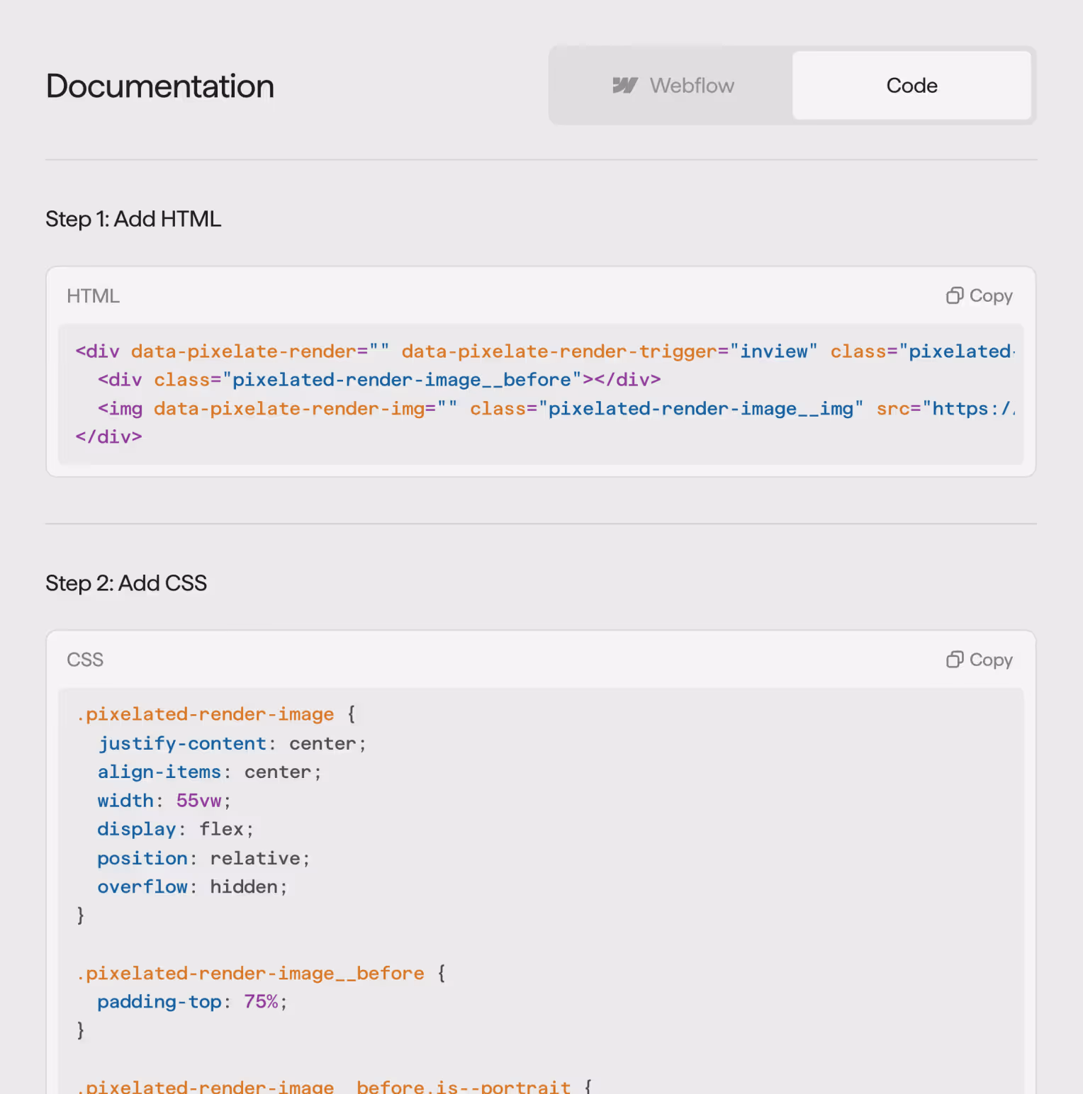 Example of the HTML/CSS documentation on a resource detail page