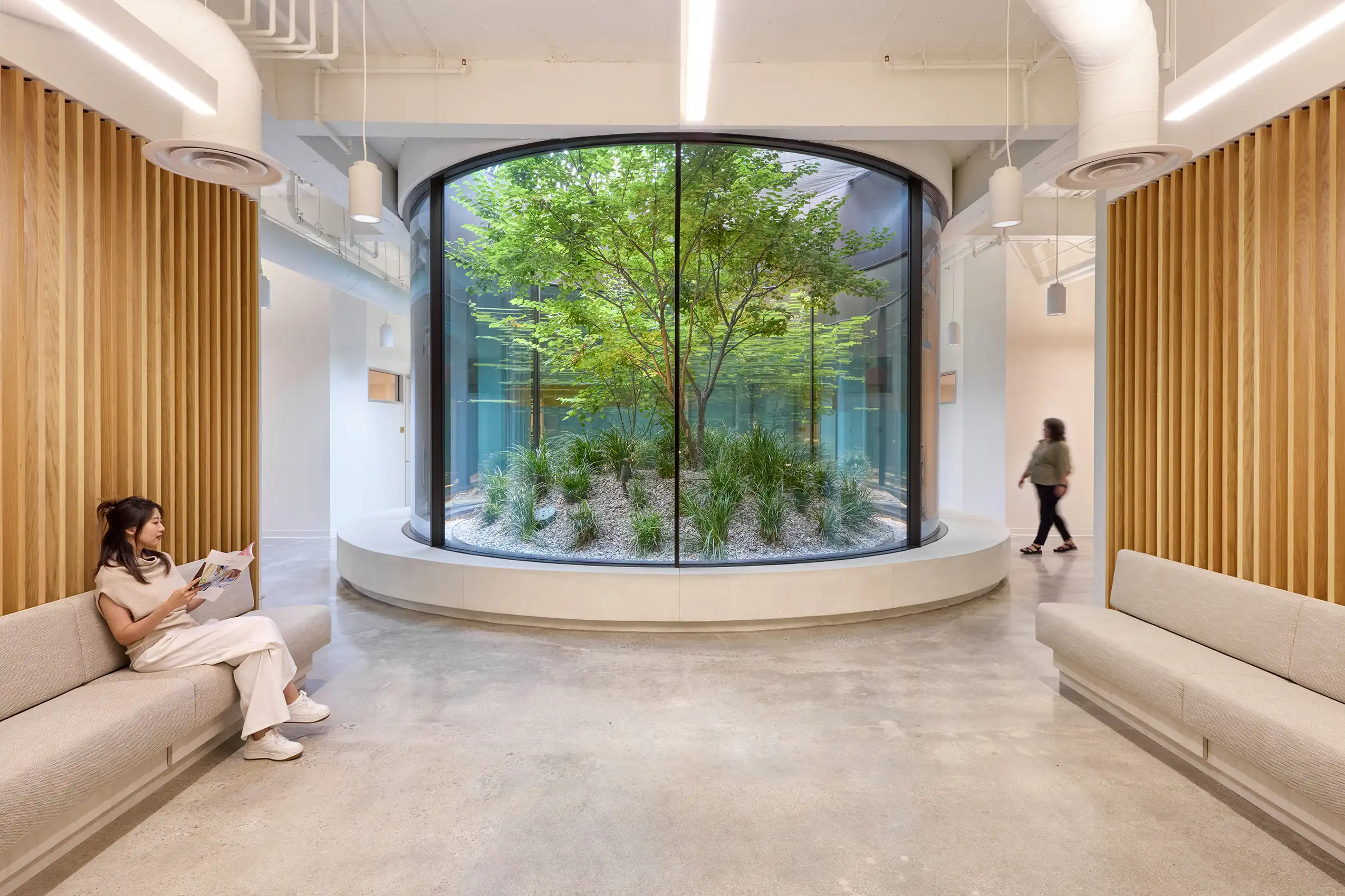 Modern lobby with minimalist design features a central circular glass planter with a tree and plants. A woman sits reading on a bench, conveying calmness.