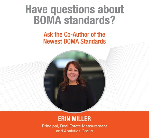 Poster with text about BOMA standards. Features a smiling woman in a circular frame, with her name, Erin Miller, and title below.