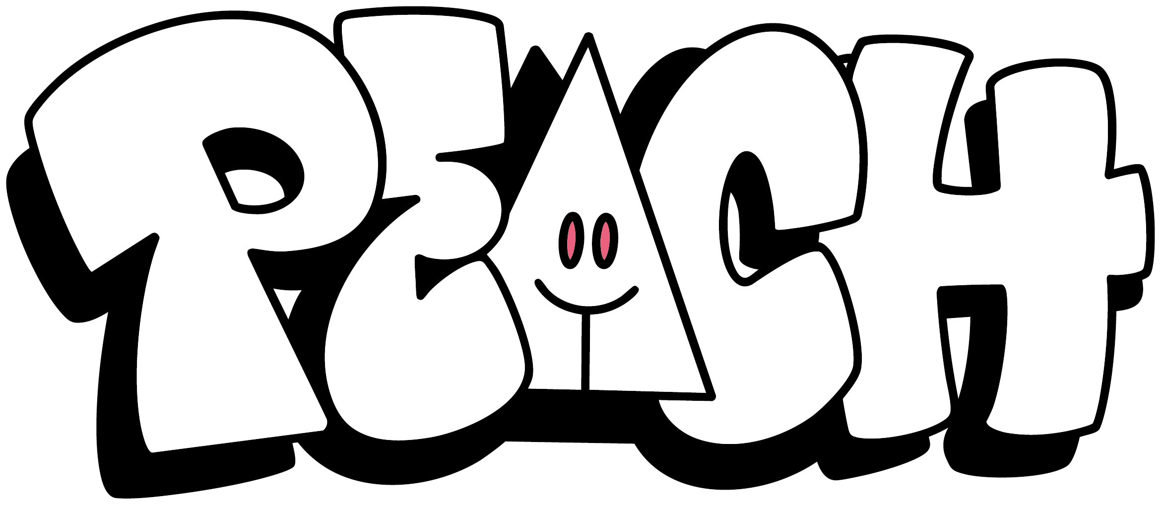 Graffiti-style text spelling 'PEACH' with the letter A shaped like a smiling peach with pink eyes.