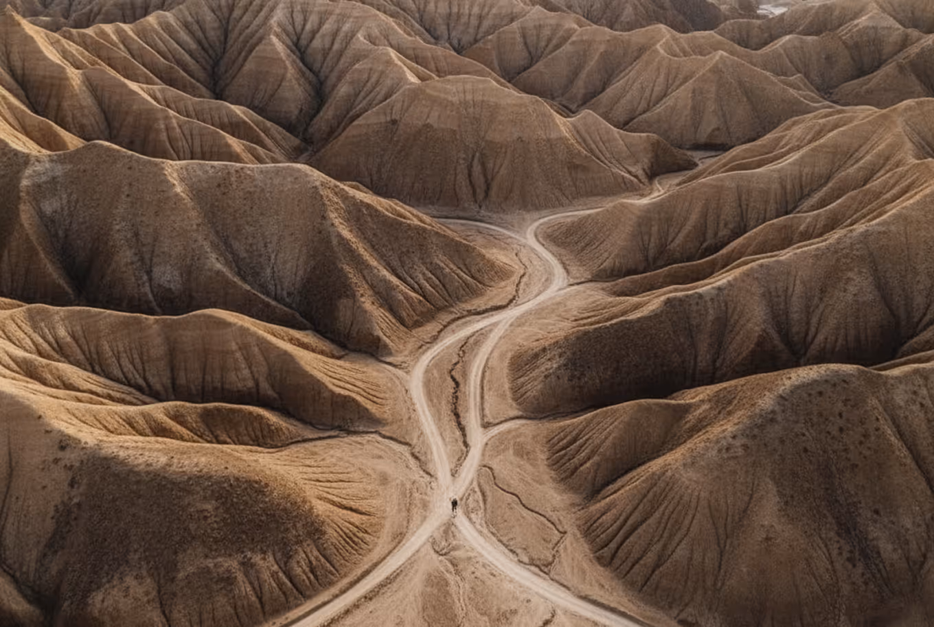 A winding dirt road crosses arid, rugged brown hills with deep erosion patterns.