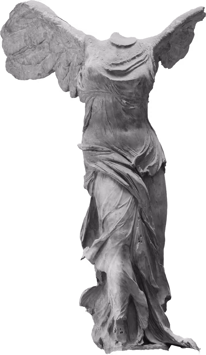 Headless ancient Greek statue of a winged female figure draped in flowing robes.