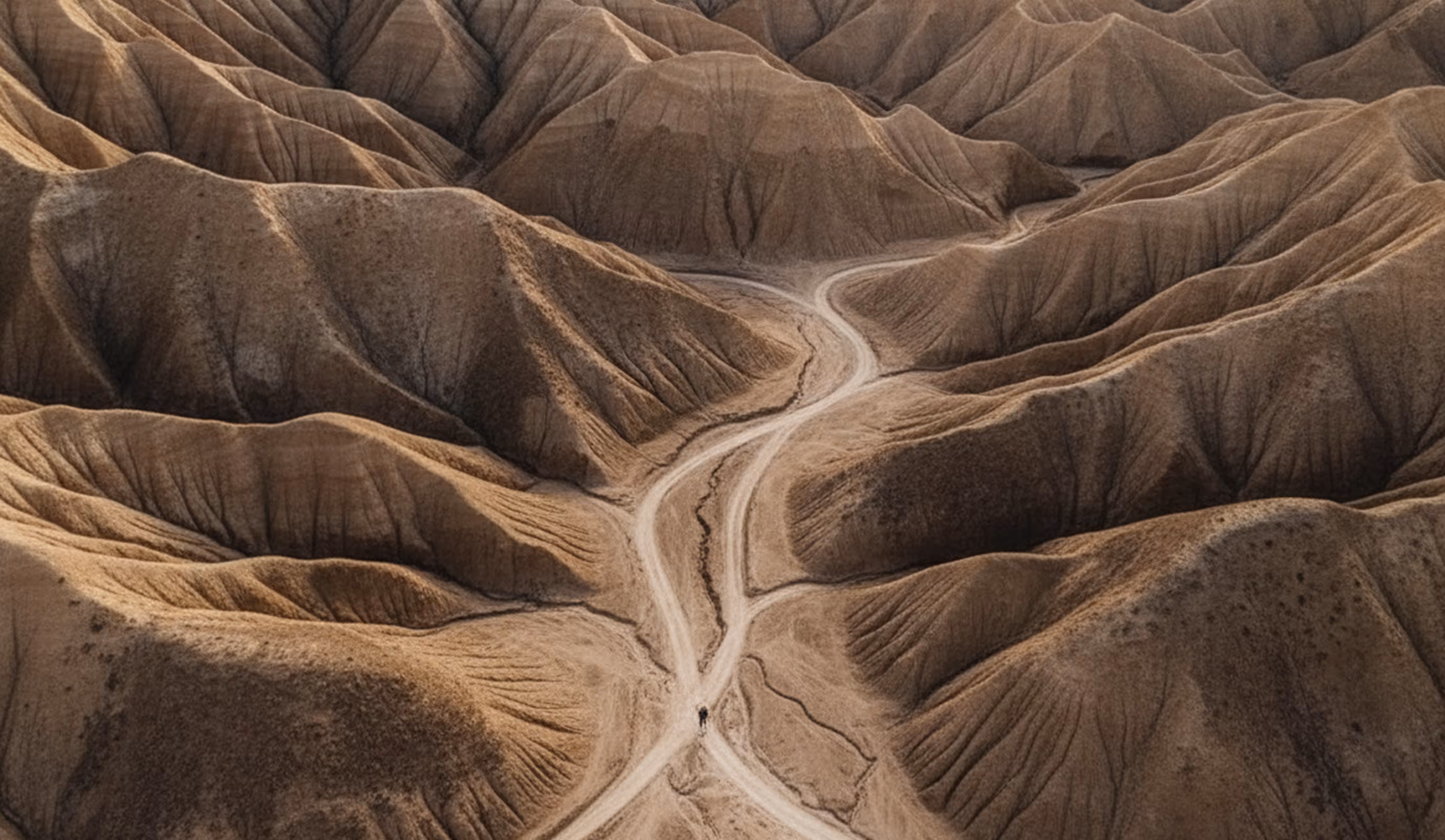 Aerial view of winding dirt paths through barren, rugged brown hills.