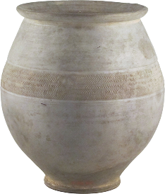 Large ancient clay pot with a rounded body and decorative horizontal band near the top.