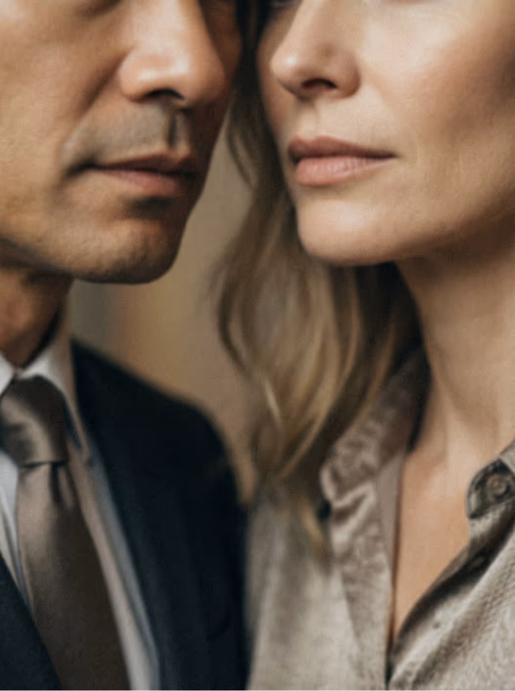 Close-up of a man and woman’s lower faces and necks, the man in a suit and tie, the woman in a blouse.