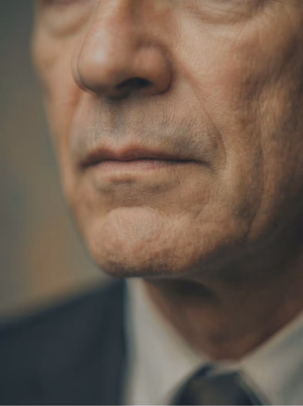 Close-up of an older man's mouth and chin with visible wrinkles and a suit collar.