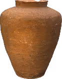Brown ancient clay storage jar with a wide body and narrow neck.