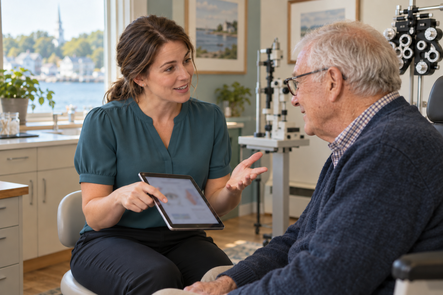 Optometrist explaining eye exam results on a tablet to an older patient in an exam room