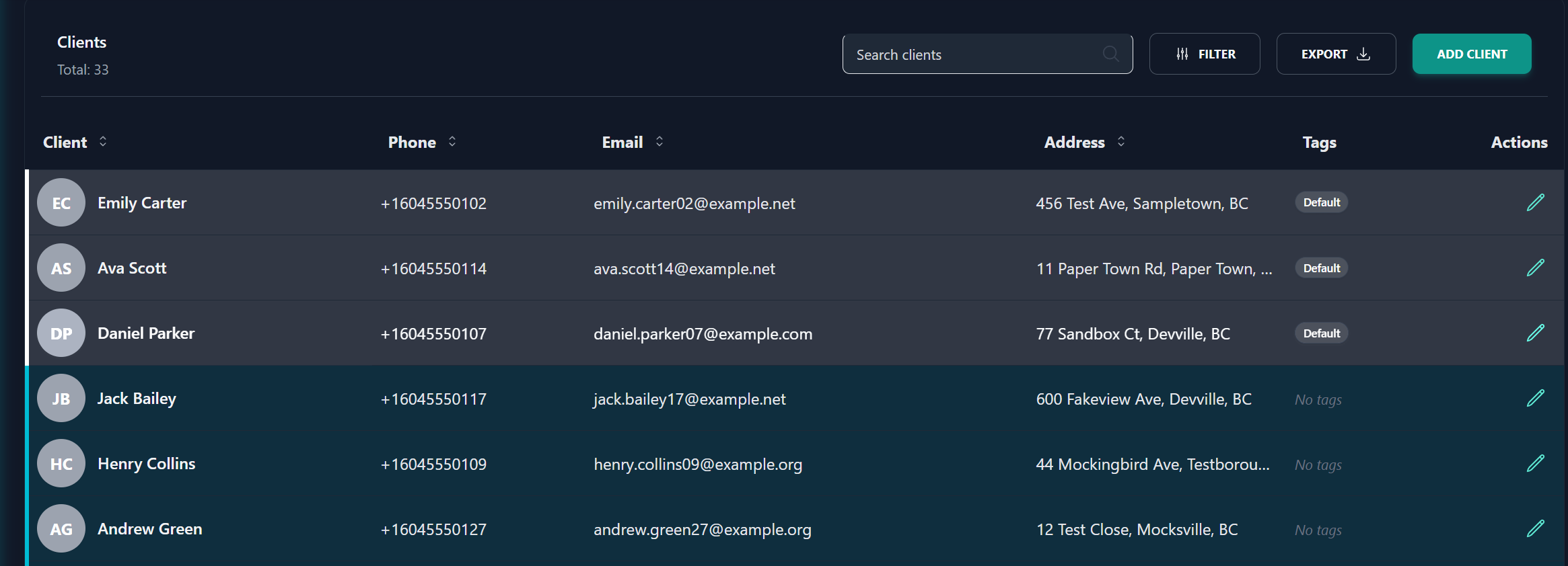 Client management interface showing a list of clients with columns for name, phone, email, address, tags, and actions, including clients Emily Carter, Ava Scott, Daniel Parker, Jack Bailey, Henry Collins, and Andrew Green.