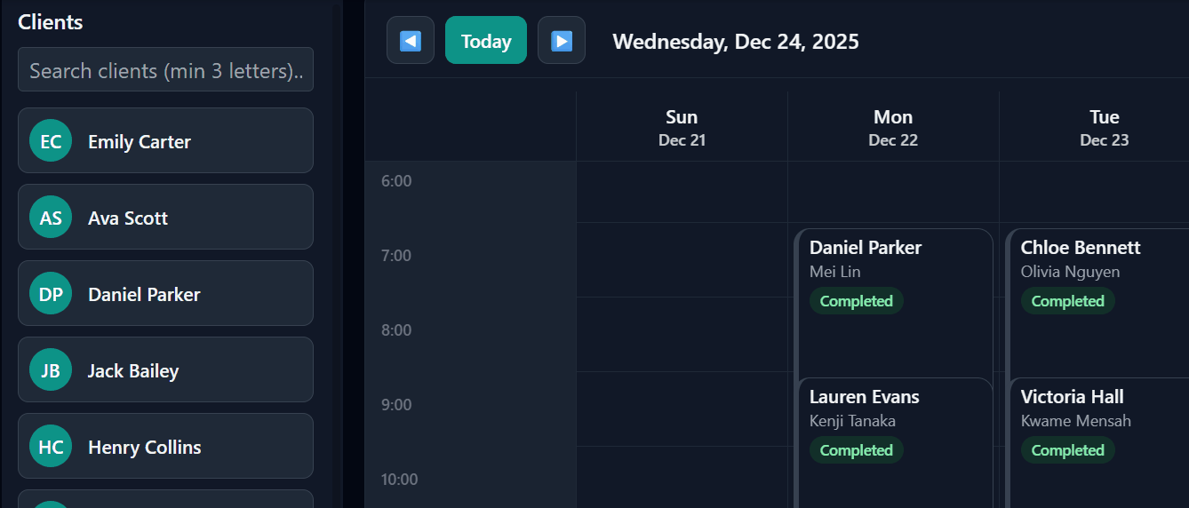 Calendar view showing scheduled and completed client appointments for Wednesday, Dec 24, 2025, with a client list and search bar on the left.
