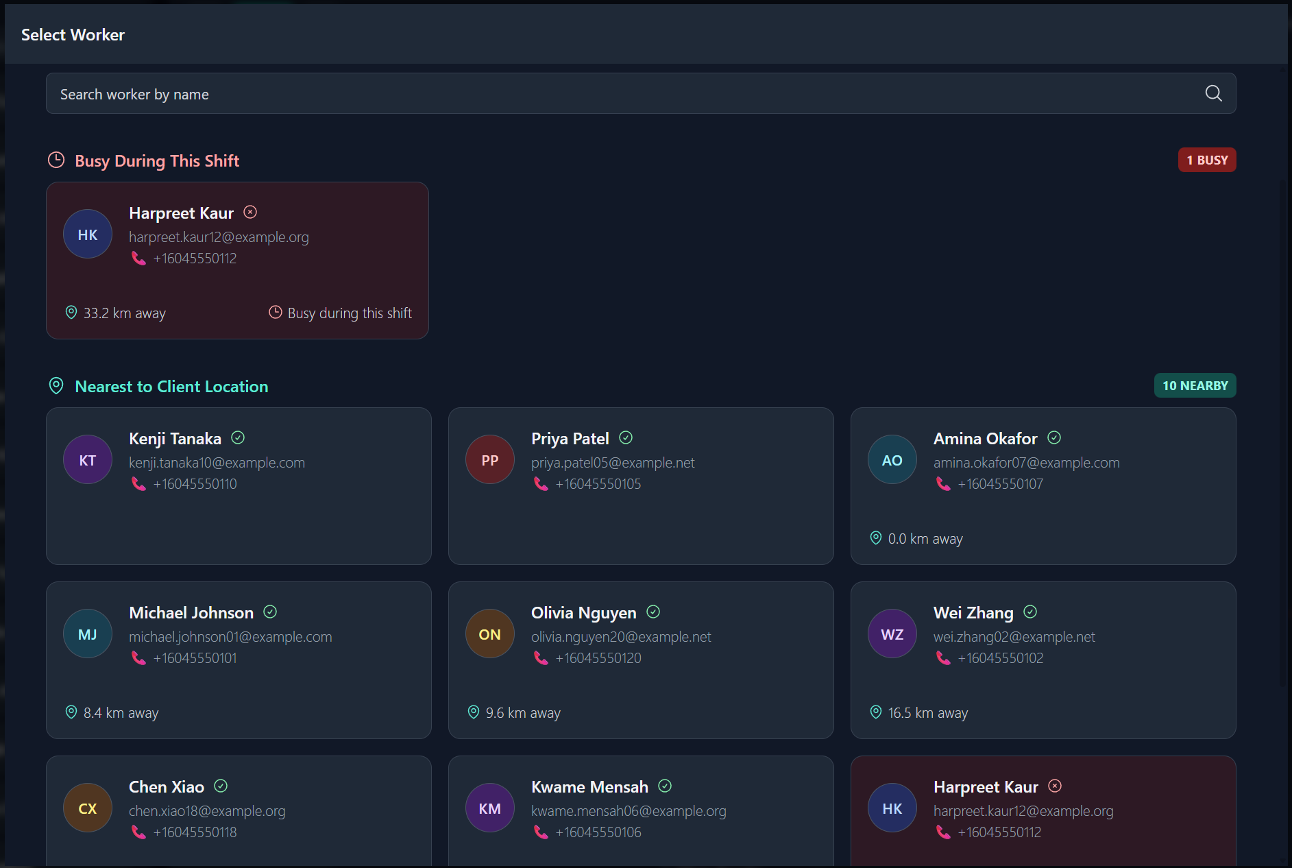 User interface displaying searchable list of workers with status, contact info, and proximity, highlighting one busy worker and multiple nearby available workers.