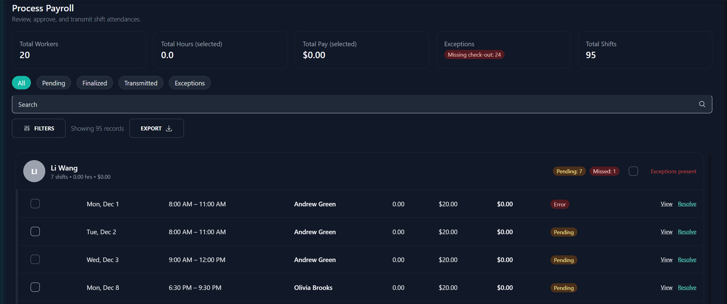 Payroll processing dashboard showing total workers, hours, pay, exceptions, and shifts with a list of shifts for Li Wang including dates, times, managers, pay, and status indicators.
