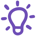 Icône de lampe allumée en violet, représentant une ampoule avec des rayons lumineux autour.