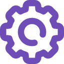 Icône violette d'un engrenage avec une flèche circulaire pointant vers la droite au centre, représentant les paramètres ou la configuration.