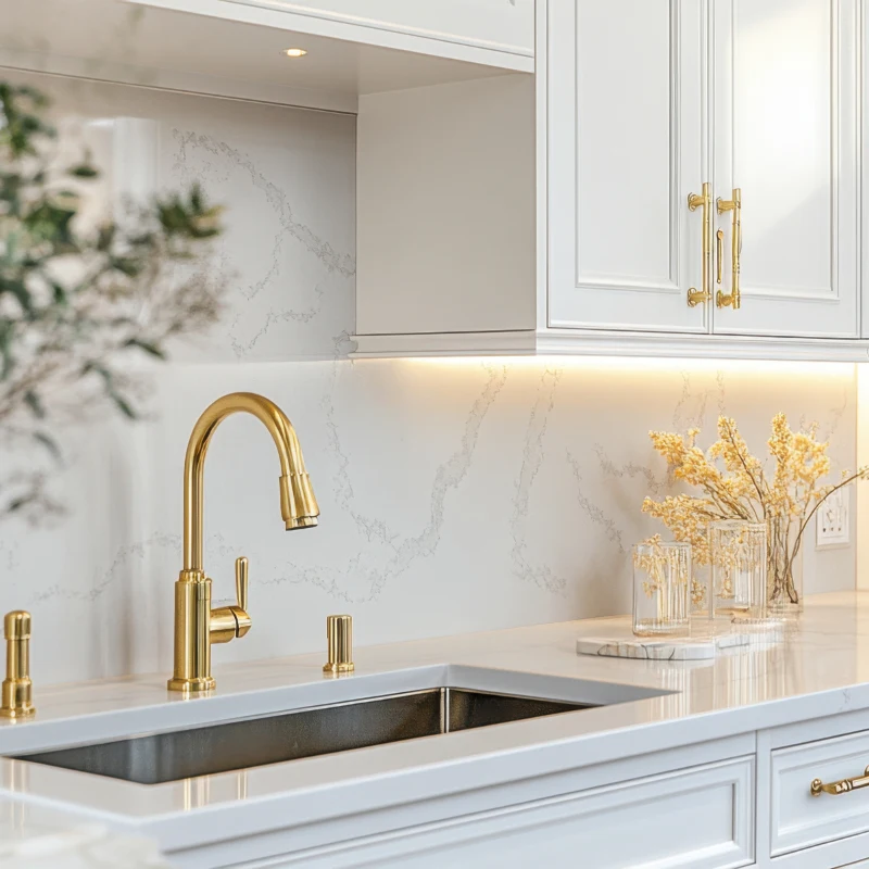 Luxury kitchen sink and gold faucet installation with modern cabinetry completed by a professional plumber in Thousand Oaks, CA