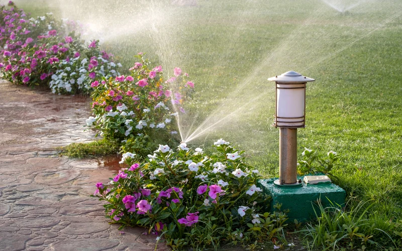 Sprinkler system watering a residential yard in Thousand Oaks