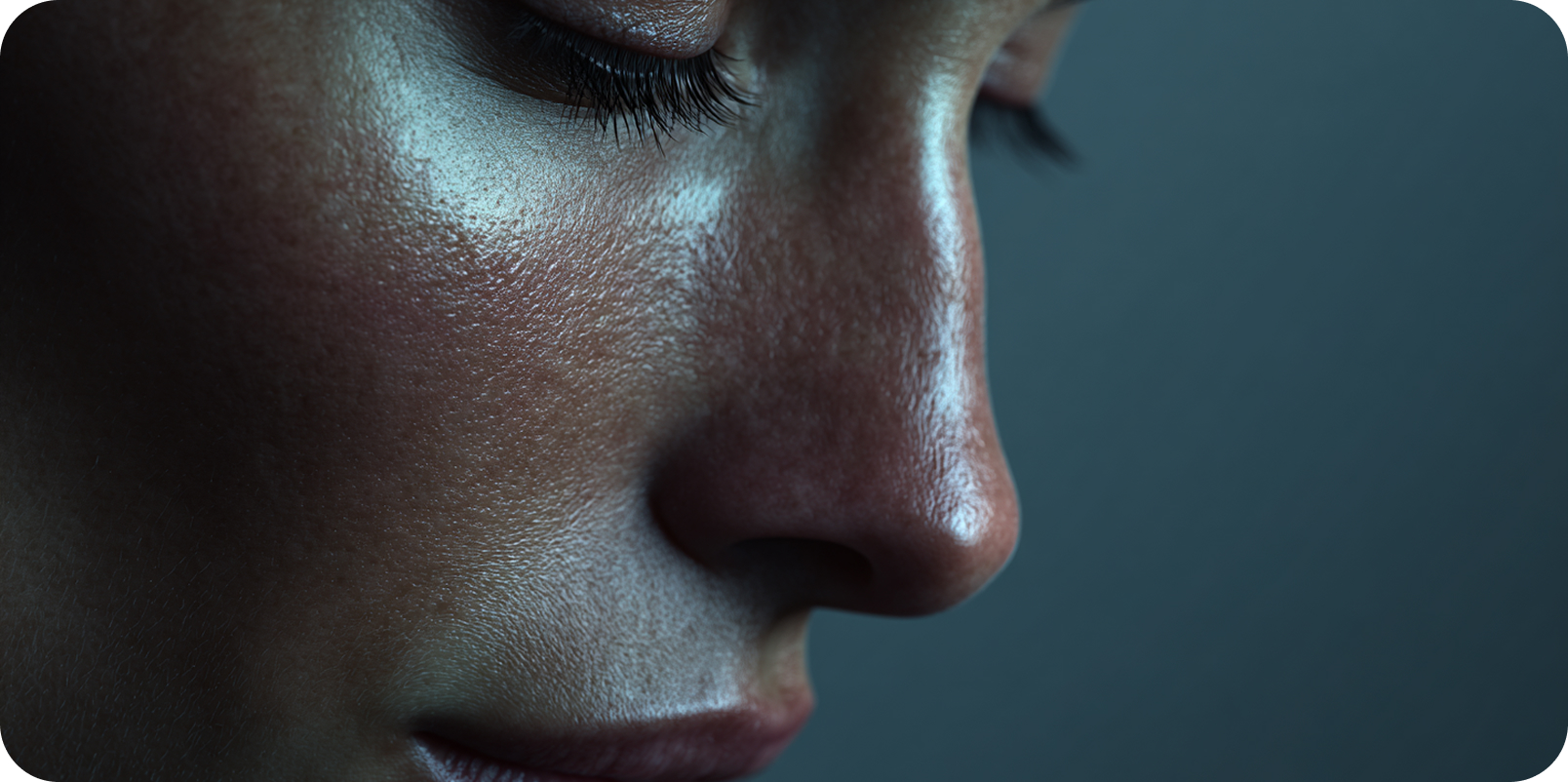 Close-up side view of a person's face showing detailed skin texture, closed eye with eyelashes, and part of the nose and lips.